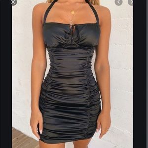 Little Black Satin Ruche Dress XS